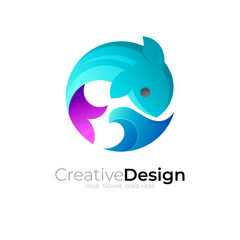 Jumping fish logo and wave icon vector, 3d style