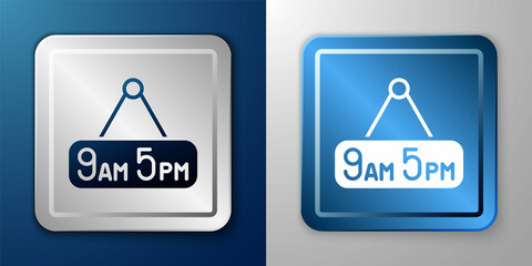 White From 9 to 5 job icon isolated on blue and grey background. Concept meaning work time schedule daily routine classic traditional employment. Silver and blue square button. Vector