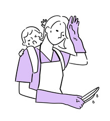 忙しい女性 子供と洗い物