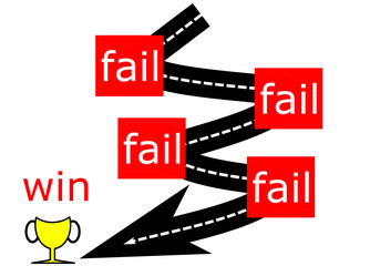 fail red plate, on black road with white line. end of road have  gold trophy win. road to win or fail