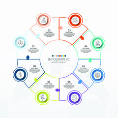 Basic circle infographic template with 8 steps, process or options, process chart, Used for process diagram, presentations, workflow layout, flow chart, infograph. Vector eps10 illustration.