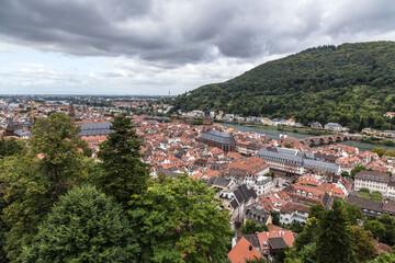 Fototapeta na wymiar Heidelberg, Germany. View of the historic center from the mountain: Market Square, Old Bridge (Karl Theodor Bridge)