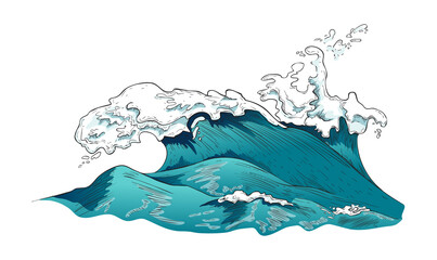 Turbulent streams of water with large waves, vector illustration isolated.