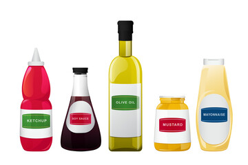Big sauce in bottles set. Soy, Olive Oil, Mustard, Ketchup and Mayonnaise sauces. Condiment elements for food design.