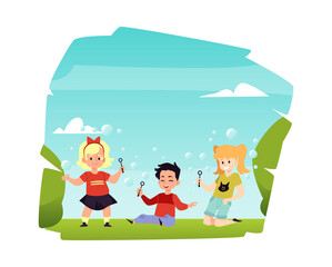Happy kids fun play with flying soap bubbles at park a vector illustration.