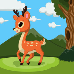 Cartoon cute deer standing in the grass
