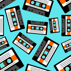 Retro cassette pattern seamless. Boombox cassette for tape recorder background.