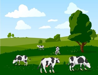 Obraz na płótnie Canvas Vector banner with herd of spotted cows grazing on green meadow.