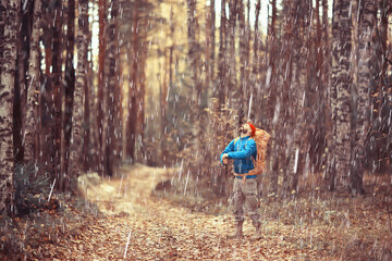 rainy autumn forest, landscape, a man on a hike in the October wet forest, bad cold weather