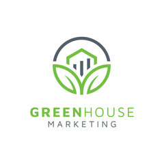 Fresh Leaf House with Statistic Marketing Financial Chart Bar Diagram for Real Estate Property Home Investment logo design