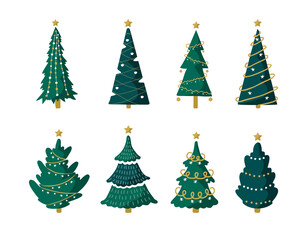 Set of christmas tree with garlands and balls. Winter season design elements. New year icons. Vector illustration in flat cartoon style.