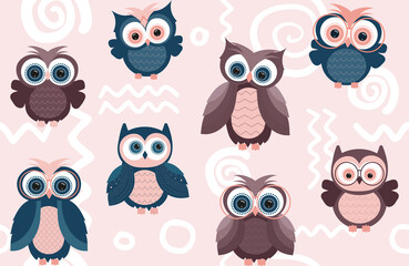 Vector seamless background with colorful owls in flat style. Handwritten phrase. Poster, banner, label, or sticker template. EPS10