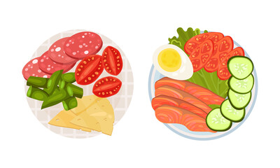 Sliced and Cut Wurst and Vegetables Served on Plate Above View Vector Set