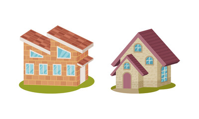 Private House and Cottage as Cosy Dwelling Rested on Green Lawn Vector Set