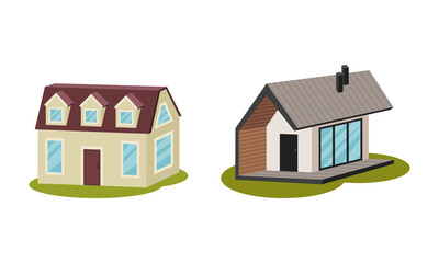 Private House and Cottage as Cosy Dwelling Rested on Green Lawn Vector Set