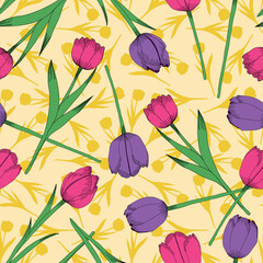 Pink purple tulips vector seamless pattern on yellow background