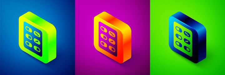 Isometric Pills in blister pack icon isolated on blue, purple and green background. Medical drug package for tablet, vitamin, antibiotic, aspirin. Square button. Vector