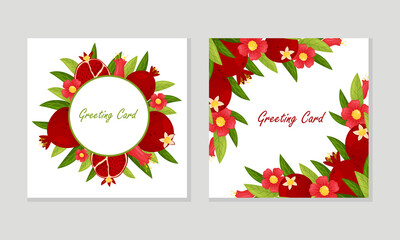 Fototapeta na wymiar Greeting Card with Red Pomegranate Fruit and Blooming Flower Vector Template Set