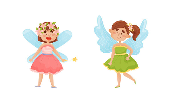 Cute Fairy or Pixie with Etherial Wings and Magic Wand Vector Set