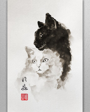 The black cat clung to the white cat. Text - "Day and Night", "Sincerity". Illustration in traditional oriental style.