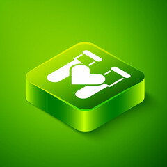 Obraz premium Isometric Test tube or flask with blood icon isolated on green background. Laboratory, chemical, scientific glassware sign. Green square button. Vector