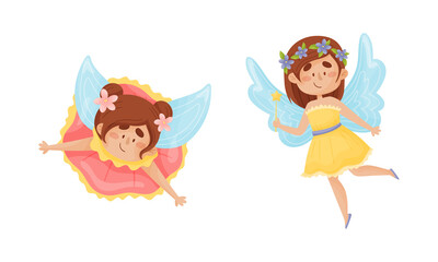 Cute Fairy or Pixie with Etherial Wings and Magic Wand Vector Set