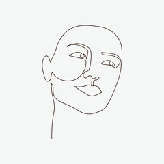 The girl's face is drawn in one line. Minimalistic design for a print, postcard, logo, poster. Vector