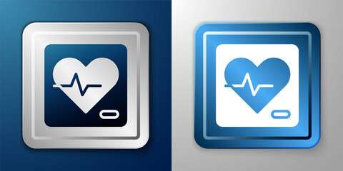 White Heart rate icon isolated on blue and grey background. Heartbeat sign. Heart pulse icon. Cardiogram icon. Silver and blue square button. Vector