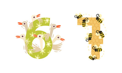 Animal Number and Numeral with Goose and Bee Vector Set