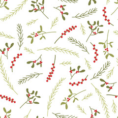 Simple seamless pattern with spruce branches, berries, mistletoe on a white background. Winter vector flat illustration for wallpaper, wrapping paper, surface design