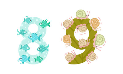 Animal Number and Numeral with Fish and Snail Vector Set