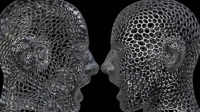 Rotating 3d human heads made of heaxagonal wireframe mesh structures. Black and white alpha matte. 3d animation rendering. 