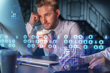 Businessman and businesswoman in formal wear working together looking for new employees to hire for international business consulting. HR, social media icons over modern panoramic office background