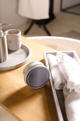 collection of various beauty hygiene products on bath background