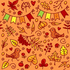 Hand-drawn autumn harvest festival vector seamless pattern with birds, holiday flags, red, orange and yellow leaves, berries, rowan. Suitable for the design of packaging, paper, prints, fabrics.