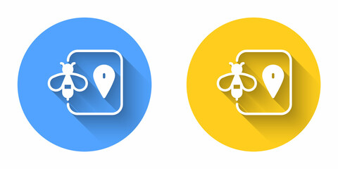 White Bee location map pin pointer icon isolated with long shadow background. Farm animal map pointer. Circle button. Vector