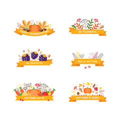 Set of autumn vignettes. Fall vignettes of pumpkins, mushrooms and autumn leaves with yellow ribbons isolated on a white background. Can be used for thanksgiving invitation, greeting card or banner. 