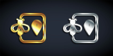 Gold and silver Bee location map pin pointer icon isolated on black background. Farm animal map pointer. Long shadow style. Vector
