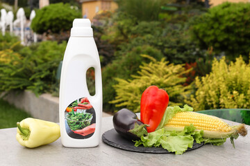 Kitchen vegetables and fruit cleaning product on table with copy space