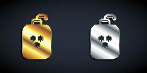 Gold and silver Cosmetic tube with honey icon isolated on black background. Natural skin care. Long shadow style. Vector