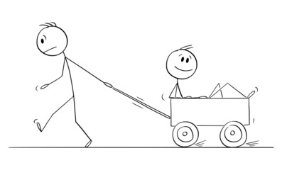 Person or Boy Pulling Another Man in Cart, Vector Cartoon Stick Figure Illustration