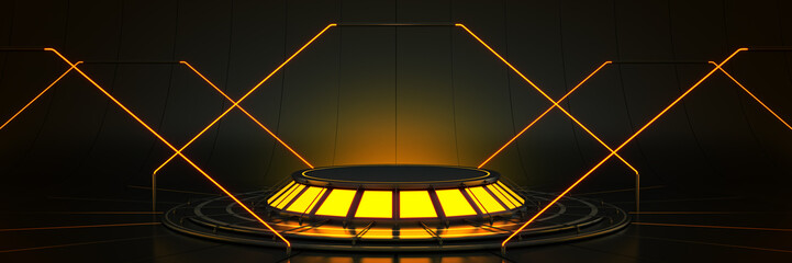 Fototapeta na wymiar Futuristic Sci Fi Modern Empty Big Hall Dark, Alien Garage Sci Fi . 3drendering