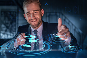 Portrait of handsome businessman in formal suit thinking how to optimize business process by applying new technologies. Hi tech holograms over modern office background