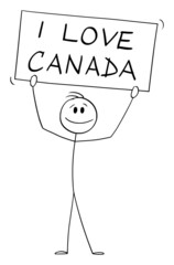 Person Holding I love Canada Sign , Vector Cartoon Stick Figure Illustration
