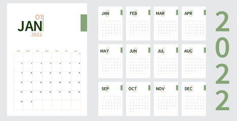 Vector of 2022 new year calendar in minimal table simple style and organic tone green and rose gold color,Holiday event planner,Week Starts Sunday