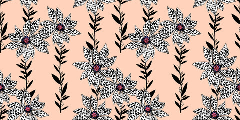 Tiger lilies in naive style. Lily flower natural seamless pattern in minimalism aesthetic, modern background.
