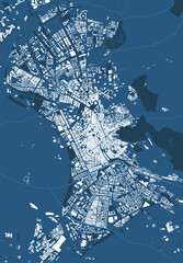 Detailed blue map poster of Granada city, linear print map. Skyline urban panorama.
