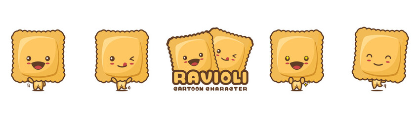 cute ravioli mascot, food cartoon illustration, with different facial expressions and poses
