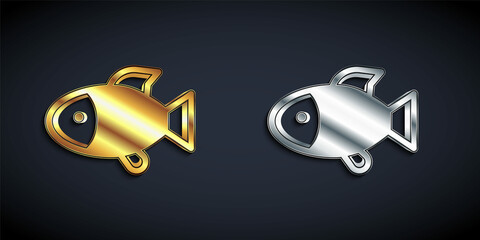 Gold and silver Fish icon isolated on black background. Long shadow style. Vector