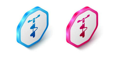 Isometric Hand ice drill for winter fishing icon isolated on white background. Hexagon button. Vector